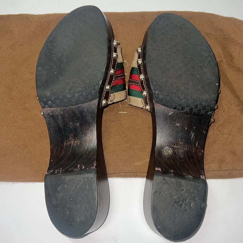 GUCCI Beige/Ebony GG Canvas Signature Web Icon Bit Wood Slide Clog Sandals - Picture 6 of 10